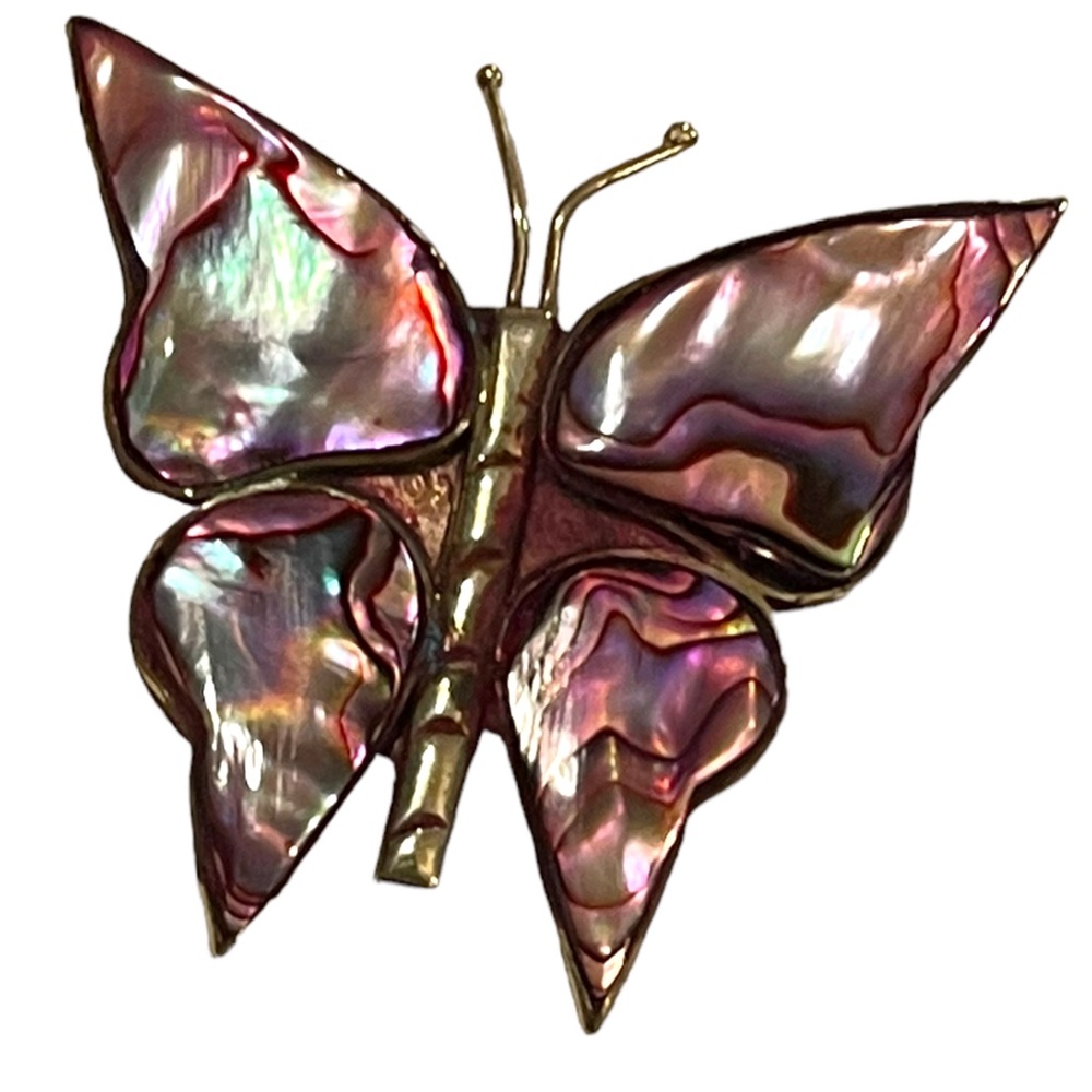 Vintage Alpaca Mexico Purple Abalone silver large butterfly brooch - Picture 2 of 6